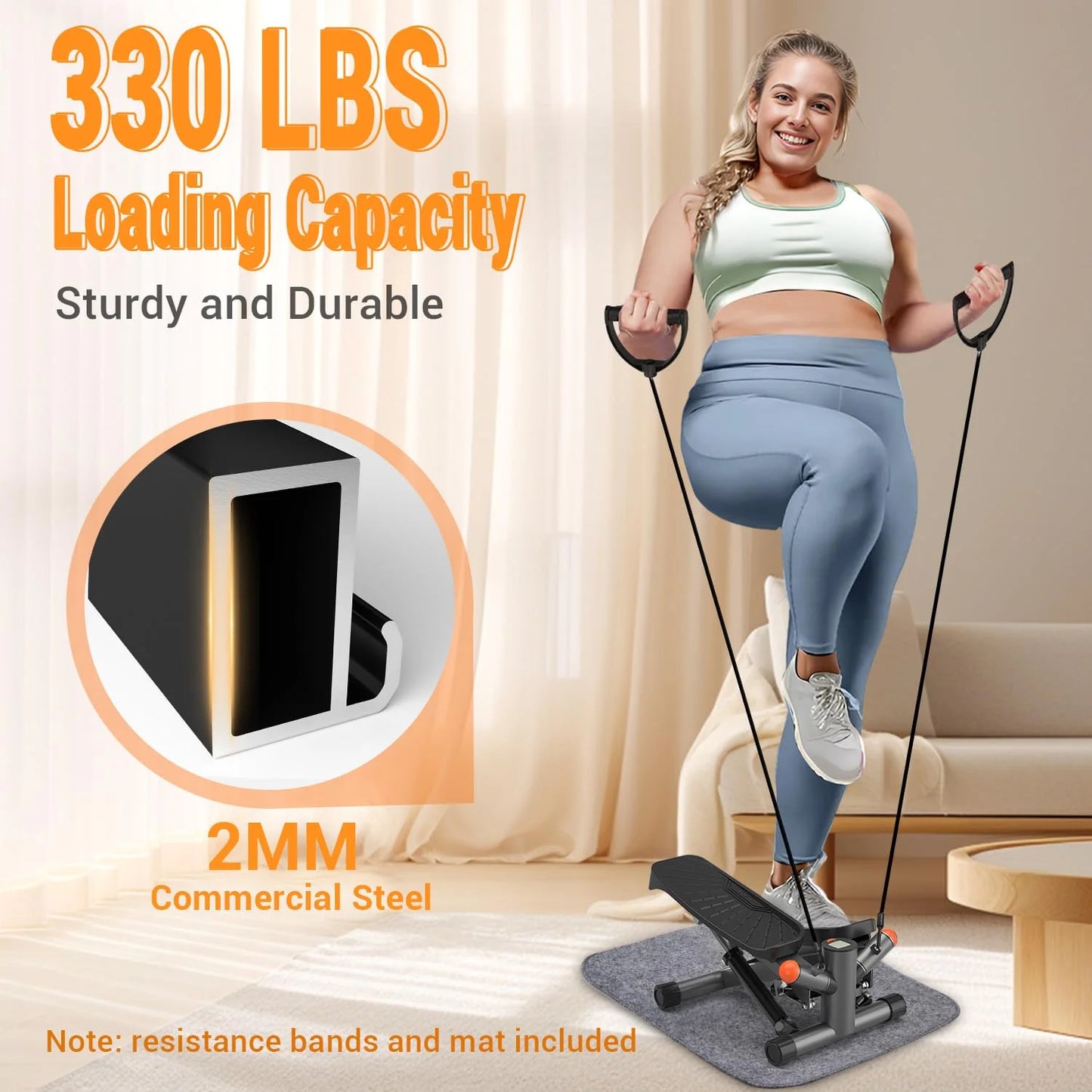 Sizeteppers for Exercise at Home,Adjustable Height Mini Sizetepper with Resistance Bands,Sizetair Sizetepper with 330lbs Loading Capacity,Twist Sizetepper Portable Exercise Equipment for Full Body Workout