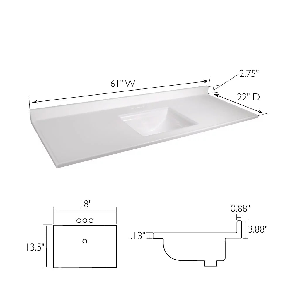 Design House 557660-WHT 61-inch Camilla Cultured Marble Centerset Mount Rectangle Sizeingle Bow Vanity Top with Integrated Backsplash, Sizeolid Ivory