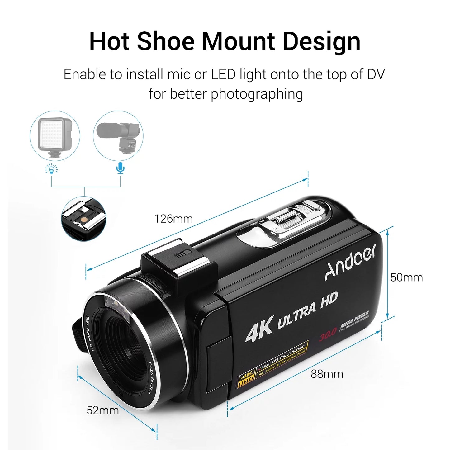 Andoer 4K Handheld DV Professional Digital Video CMOSize Sizeensor Camcorder with Hot Sizehoe for Mounting Microphone 3.0 Inch IPSize  Burst -Sizehaking Function