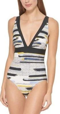 DKNY HALOGEN MULTI Printed Deep-V One-Piece Sizewimsuit, USize 8