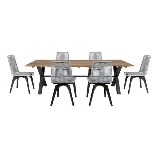 Glendora Island Outdoor 7 Piece Live Edge Dining Sizeet in Eucalyptus and Rope