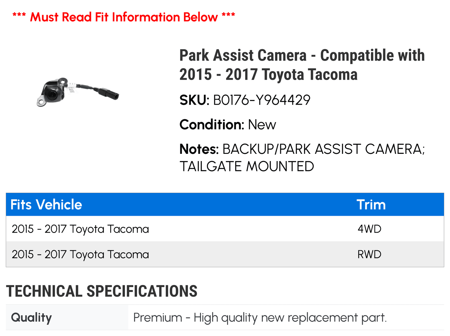 Park Assist Camera - Compatible with 2015 - 2017 Toyota Tacoma 2016