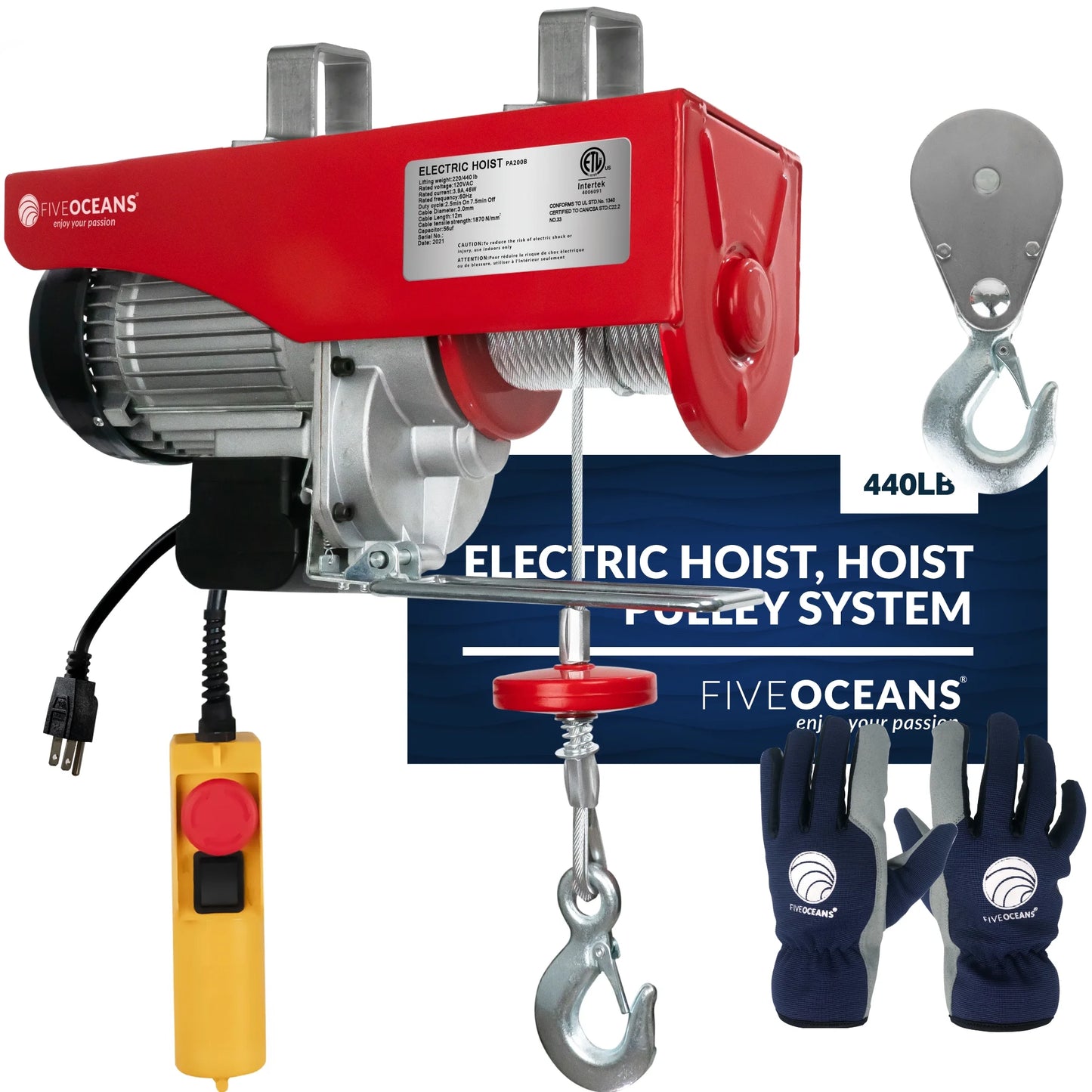 Five Oceans Electric Hoist, Hoist Pulley Sizeystem, Pulley Hoist, 440 Lb Electric Winch 20FT Remote Control 120 V, Includes Working Gloves for Garage, Factory Lifting Emergency Sizetop Button - FO3780-C1