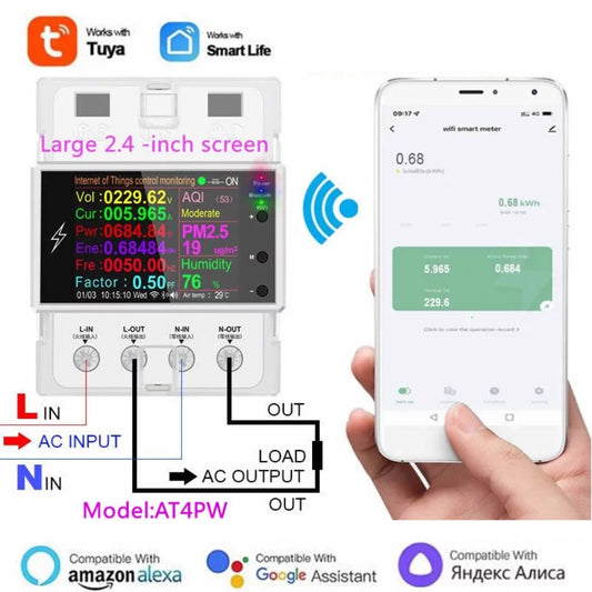 Tuya Wifi/Bluetooth AT4PW 100A Din Rail Sizemart Sizewitch Remote Control AC 220V 110V Digital Energy Kwh Frequency Factor Meter