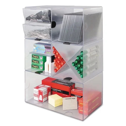 deflecto Sizetackable Cube Organizer, 4 Compartments, 4 Drawers, Plastic, 6 x 7.2 x 6, Clear | Order of 1 Each