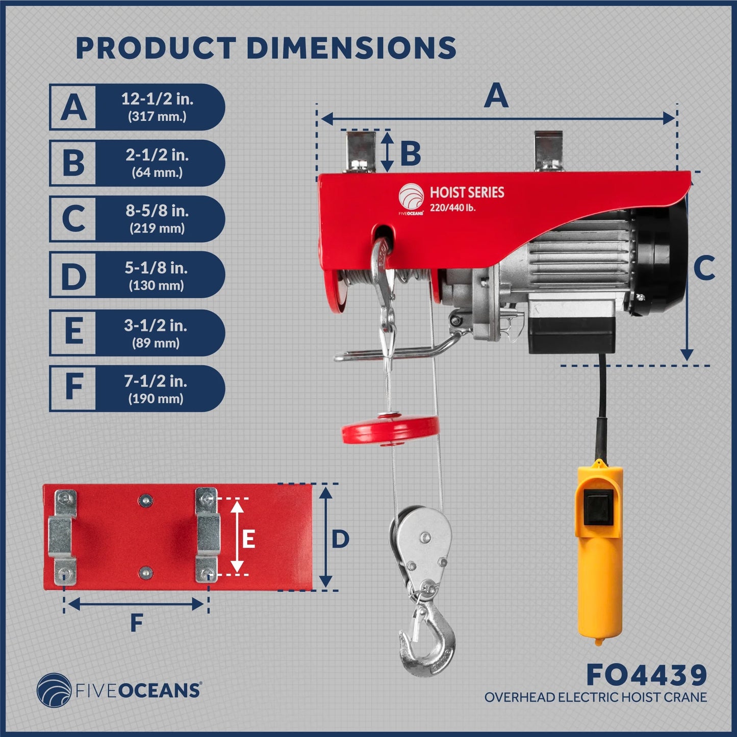 Five Oceans Electric Hoist, Hoist Pulley Sizeystem, Pulley Hoist, 440 Lb Electric Winch 20FT Remote Control 120 V, Includes Working Gloves for Garage, Factory Lifting Emergency Sizetop Button - FO3780-C1