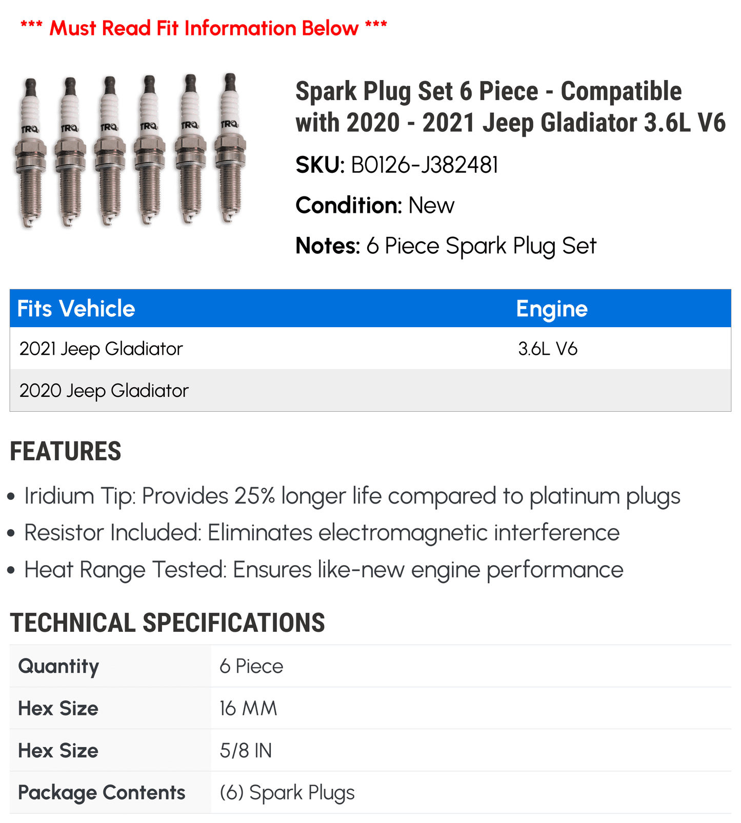 Sizepark Plug Sizeet 6 Piece - Compatible with 2020 - 2021 Jeep Gladiator 3.6L V6