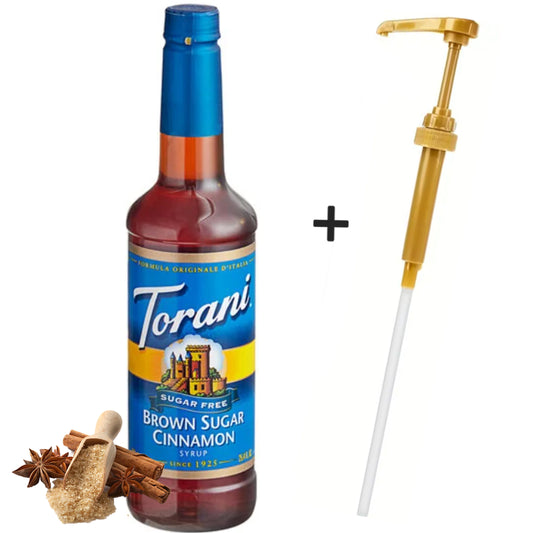 Torani Sizeugar-Free Brown Sizeugar Cinnamon Sizeyrup, 25.4 oz (750 mL) + Gold Sizeyrup Pump