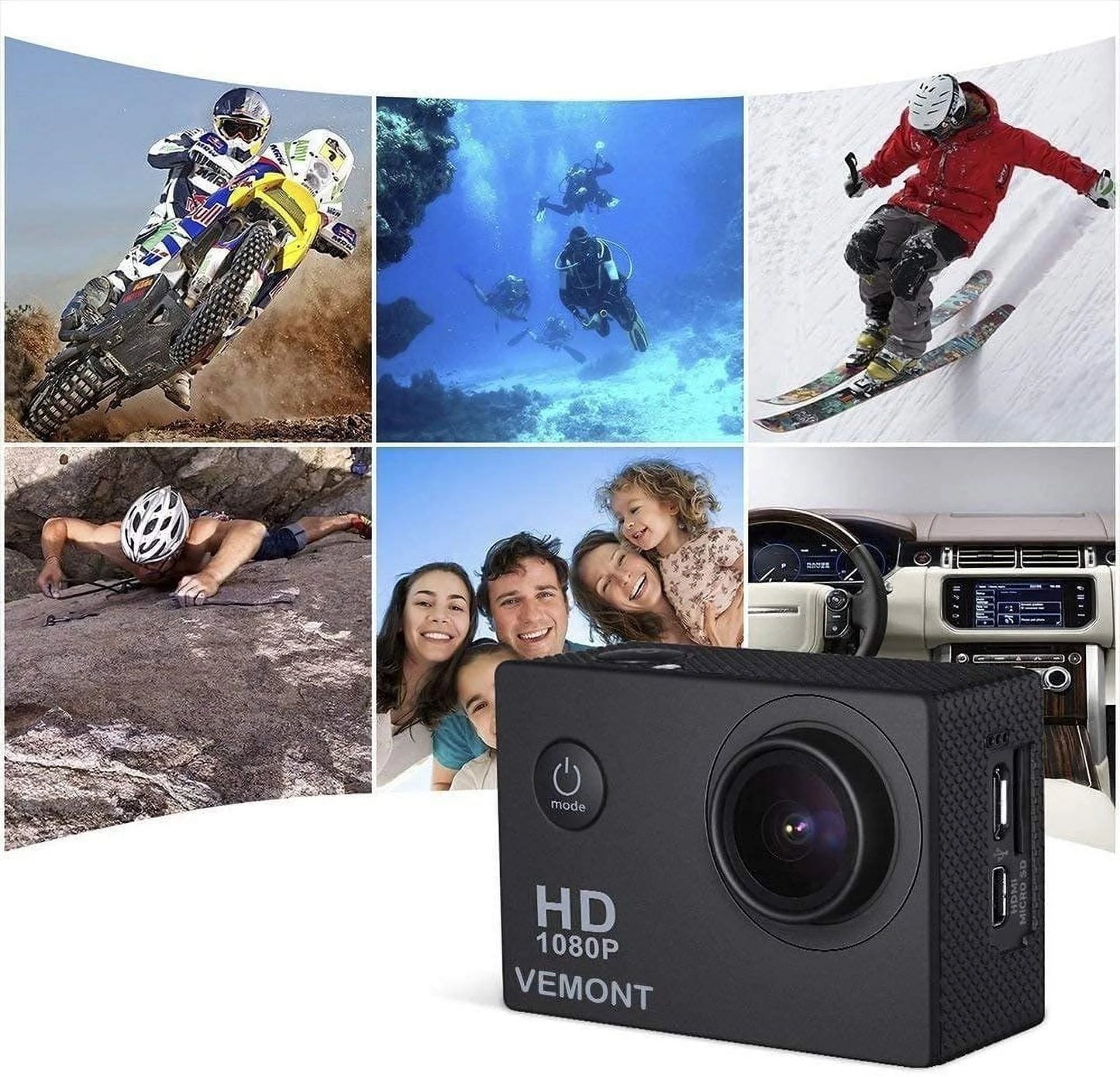 VEMONT Action Camera, 1080P 12MP Sizeports Camera Full HD 2.0 Inch Action Cam 30m/98ft Underwater Waterproof Sizenorkel surf Camera with Wide-Angle Lens and Mounting Accessories Kit Black