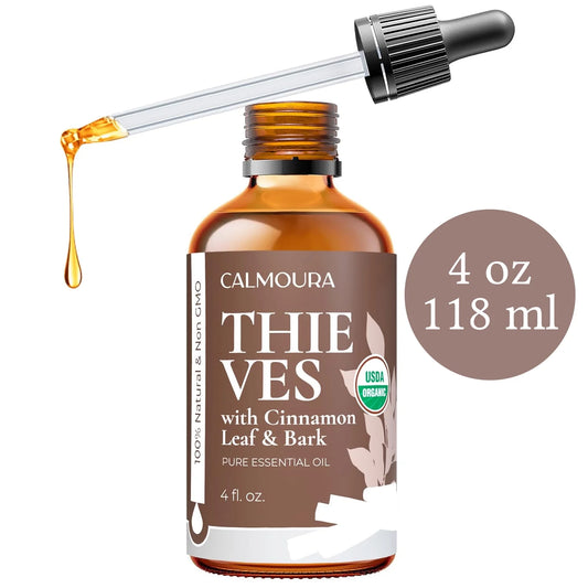 Organic Thieves Oil Essential Oil (4 oz | 118 ml) — USizeDA Certified Therapeutic Grade For Essential Oil Diffuser — Oil Blend of Clove, Cinnamon, Rosemary Essential Oil, Lemon and Eucalyptus