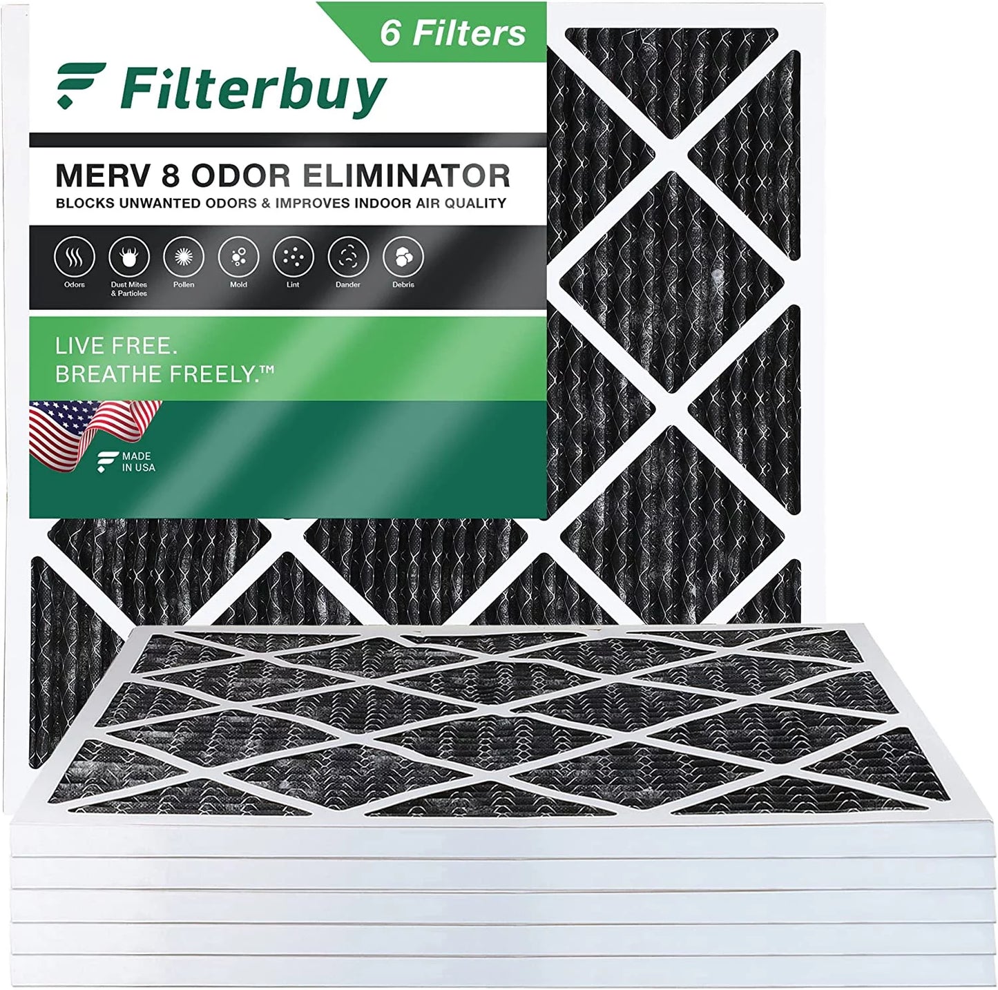 Filterbuy 10x10x1 MERV 8 Odor Eliminator Pleated HVAC AC Furnace Air Filters with Activated Carbon (6-Pack)