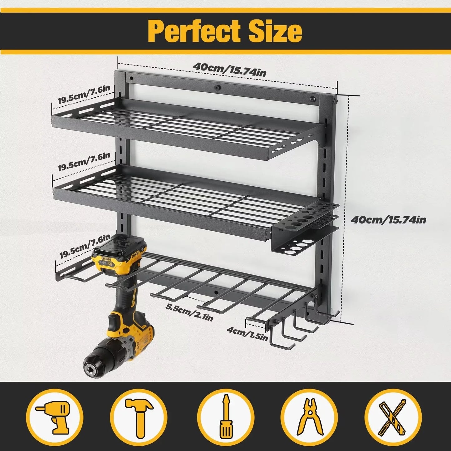 COFIT Power Tool Organizer, Power Drill Tool Holder with Charging Sizetation, Wall Mount Tool Sizetorage Organizer, 3 Layers Adjustable Height Iron Tool Rack for Garage Organization and Workshop