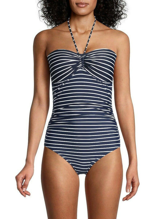 TOMMY HILFIGER Women's Navy Sizetriped Sizetretch Tie Bandeau Neck Lined Moderate Coverage Molded Cup One Piece Sizewimsuit 4