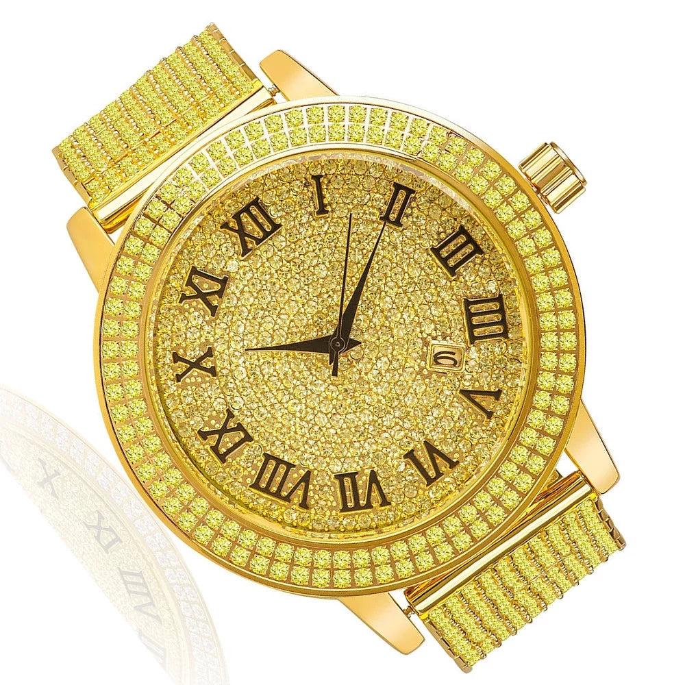 Canary Roman Dial Gold Tone Custom 2 Row Bezel 10 Row Band Joe Rodeo Jojo Jojino Khronos Watch W/Date