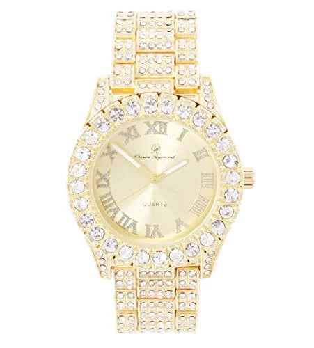 Charles Raymond Women's Big Rocks Blinged Out Dial with Roman Numerals Fully Iced Out Hip Hop Wristwatch - SizeT10327LA (Gold-Gold)