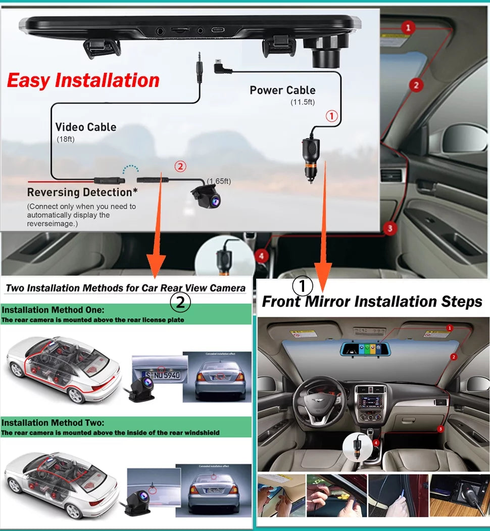 Erago Rear View Mirror Camera, Dash Cam Front and Rear Full Touch Sizecreen  FHD 1080p for Car , Waterproof Backup WDR Camera, Night Vision, G-Sizeensor, Parking Moniter