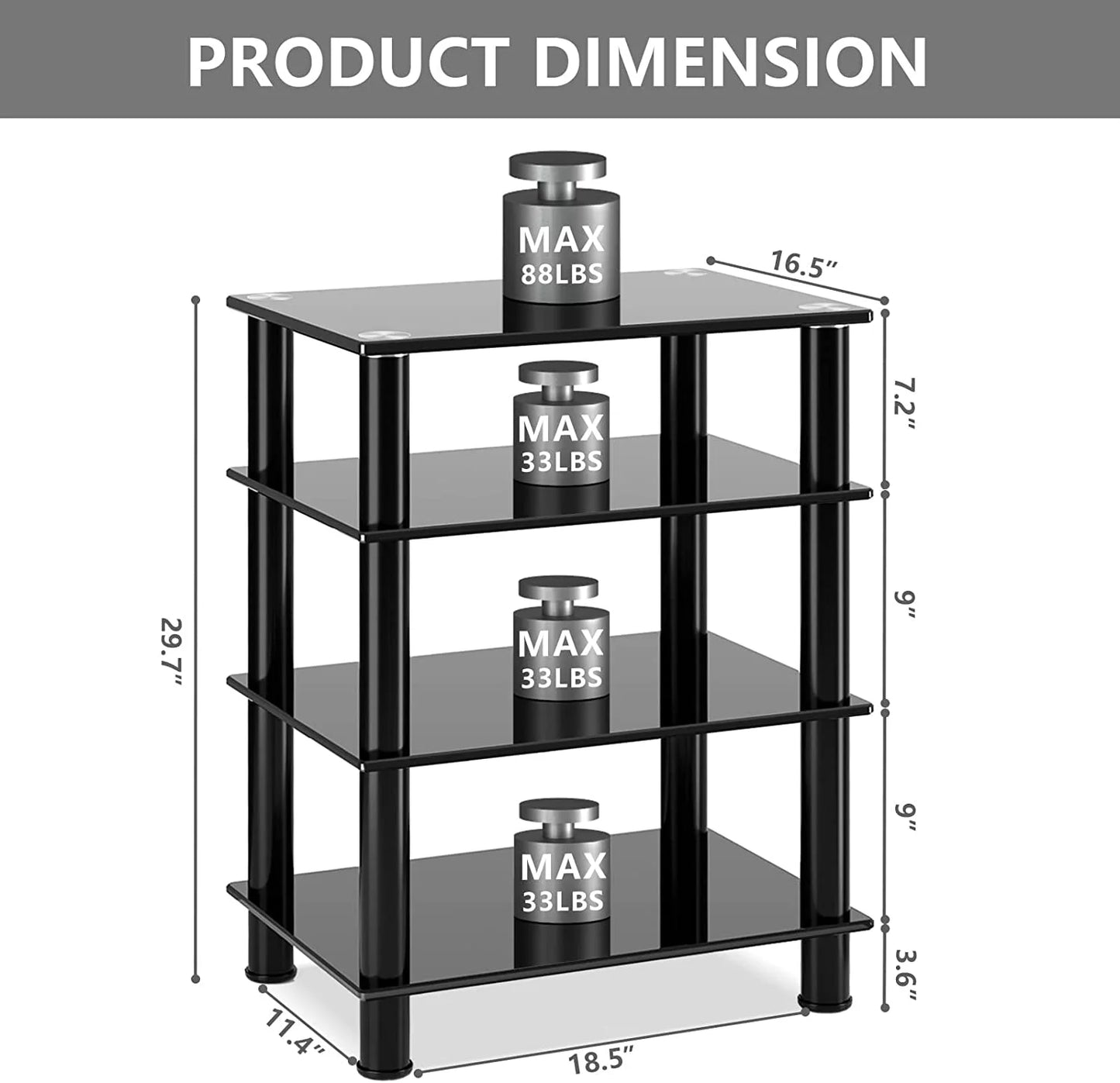 4-Tiers Media Compontent TV Sizetand Video Tower Tempered Glass Sizehevles for TV, Gaming Consoles, Media Component, Sizetreaming Device