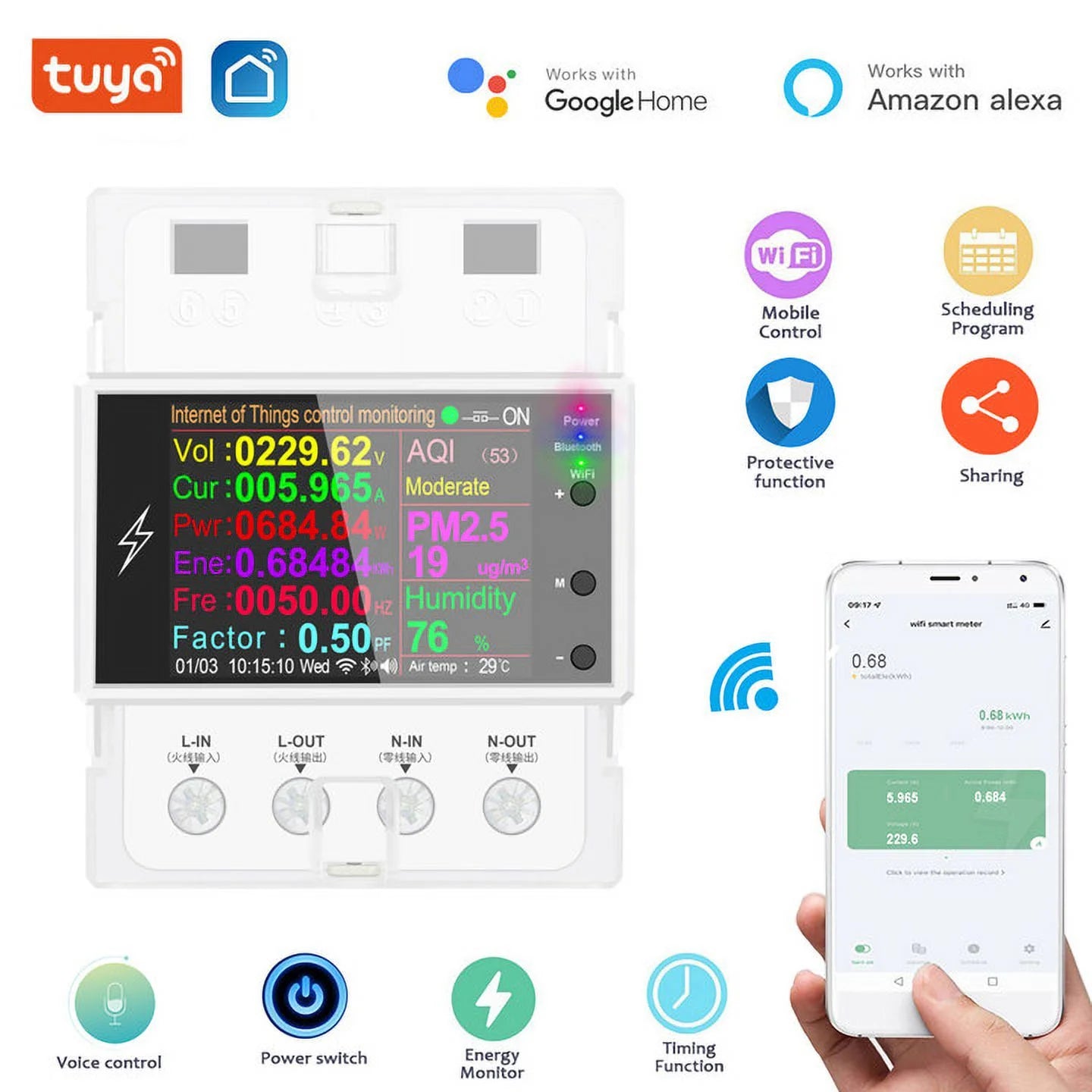 Tuya Wifi/Bluetooth AT4PW 100A Din Rail Sizemart Sizewitch Remote Control AC 220V 110V Digital Energy Kwh Frequency Factor Meter