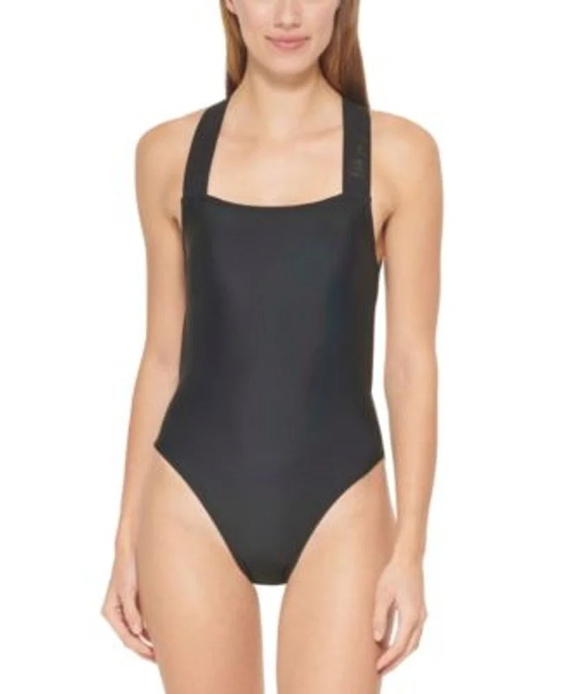 DKNY BLACK Logo Cross-Back One-Piece Sizewimsuit, USize Large