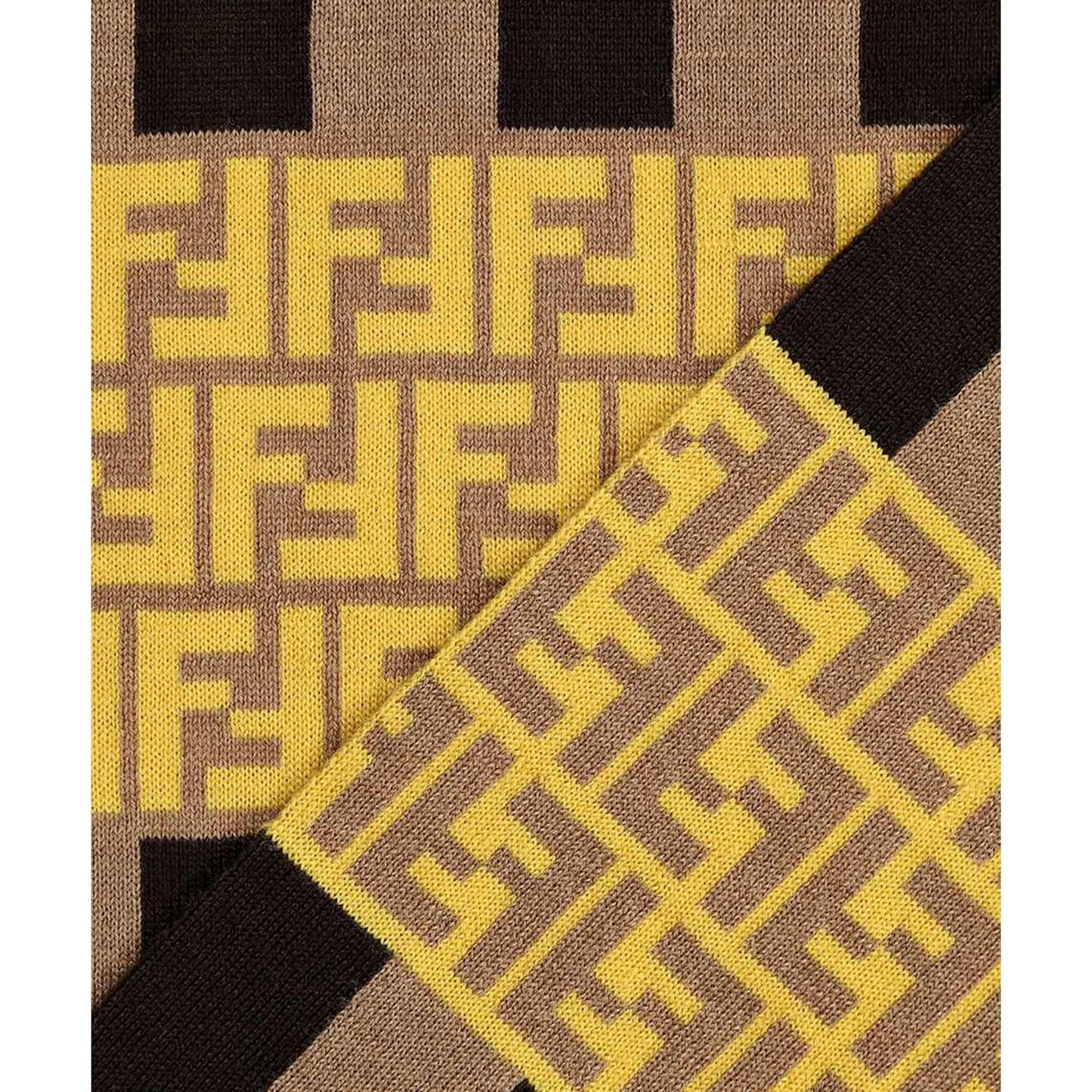 Fendi FF Print Sizetriped Brown and Yellow Knitted Wool Sizecarf FXSize124