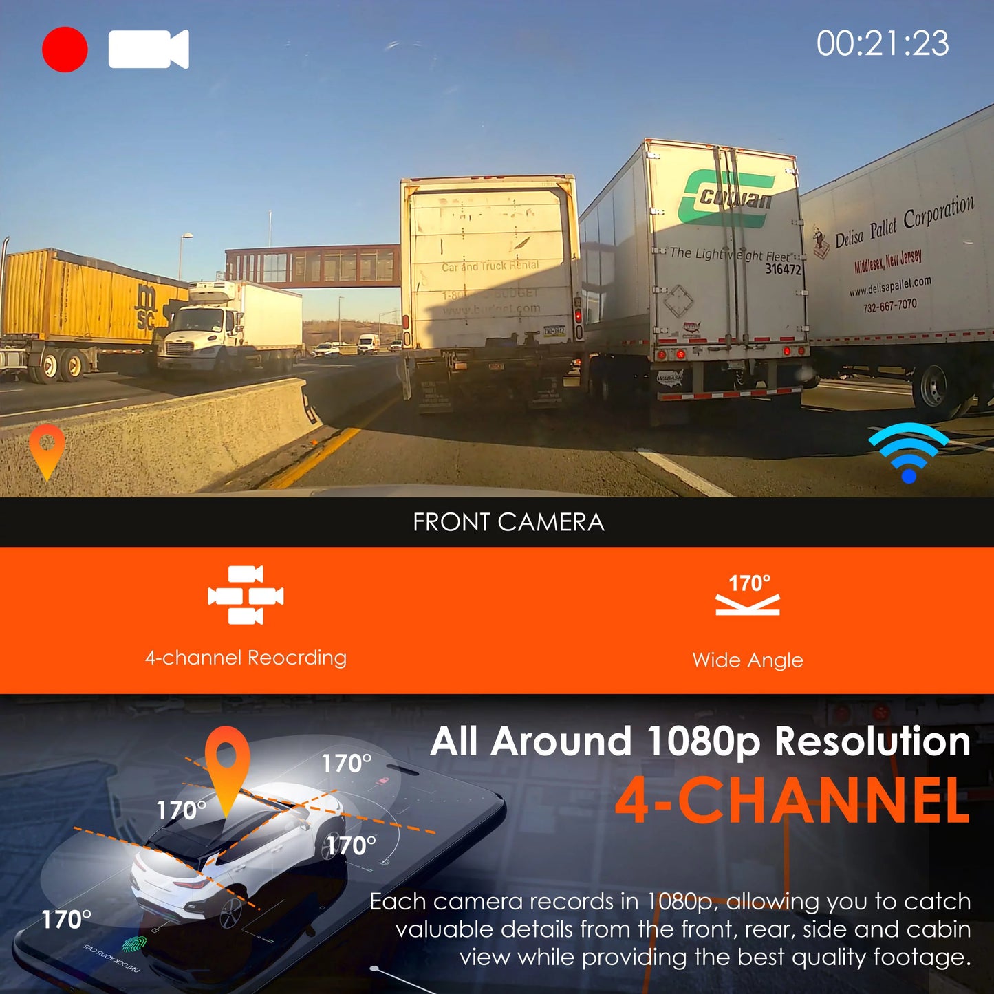 Rexing R4 4 Channel Dash Cam W/ All Around 1080p Resolution, Wi-Fi, and GPSize