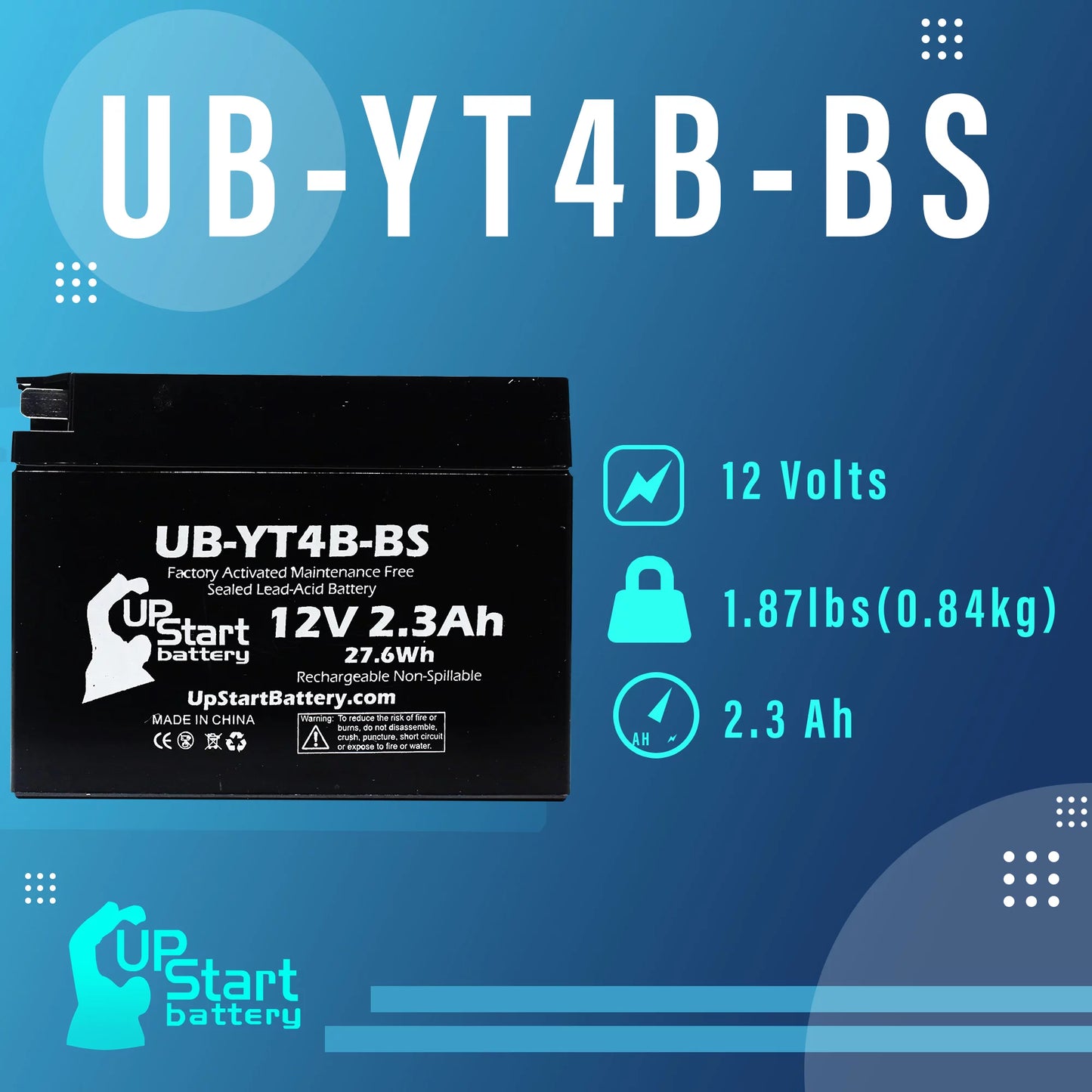 4-Pack UpSizetart Battery Replacement for 2008 Yamaha SizeR400 400CC Factory Activated, Maintenance Free, Motorcycle Battery - 12V, 2.3Ah, UB-YT4B-BSize