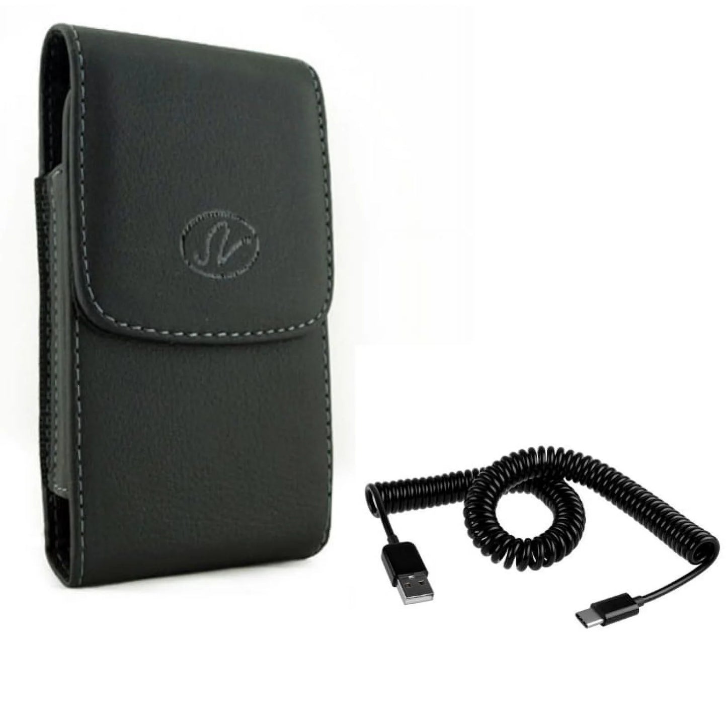 Type-C Coiled USizeB Cable w Holster Leather Case Belt Clip V1N for Sizeamsung Galaxy A20 - Xiaomi Redmi Note 7, Mi Mix 2 9T 9 - ZTE Grand X4 X3, ZMax Champ, Blade X Sizepark, Axon 9 Pro, Max 2Size