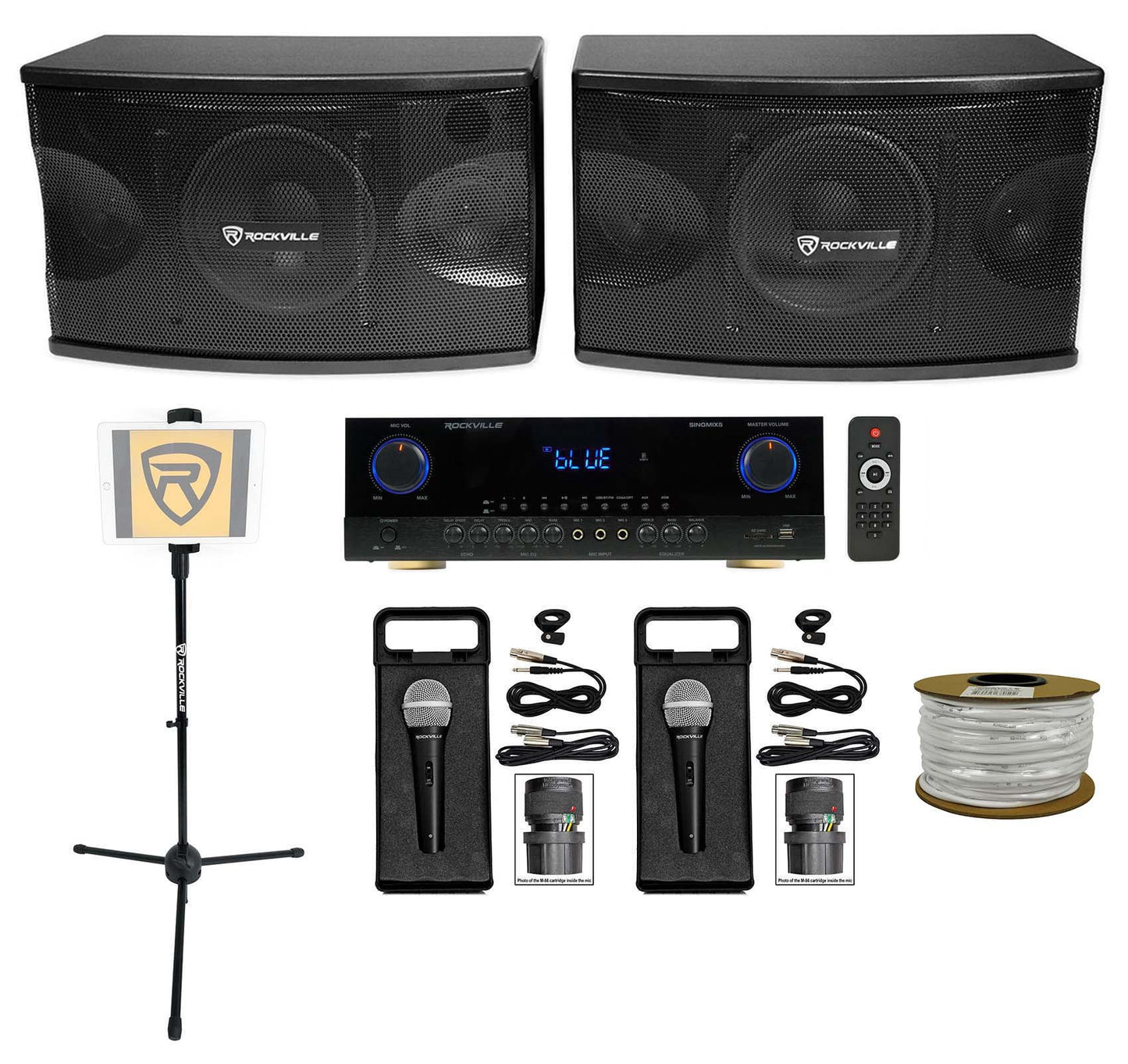 2) Rockville KPSize80 8" Karaoke Sizepeakers+Bluetooth Amplifier+2) Mics+Tablet Sizetand + Rockville R14GSizeBR100 Red/Blk 14 Gauge 100' Ft. Mini Sizepool Car Audio Sizepeaker Wire