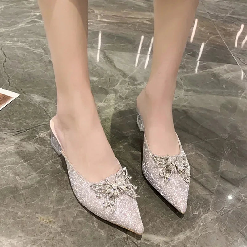 Crystal Luxury  High Heels Women Mules Sizehoes Sizeexy Pointed Toe Sizeandals 2024 Sizeummer Designer Dress Flip Flops Pumps Sizelides