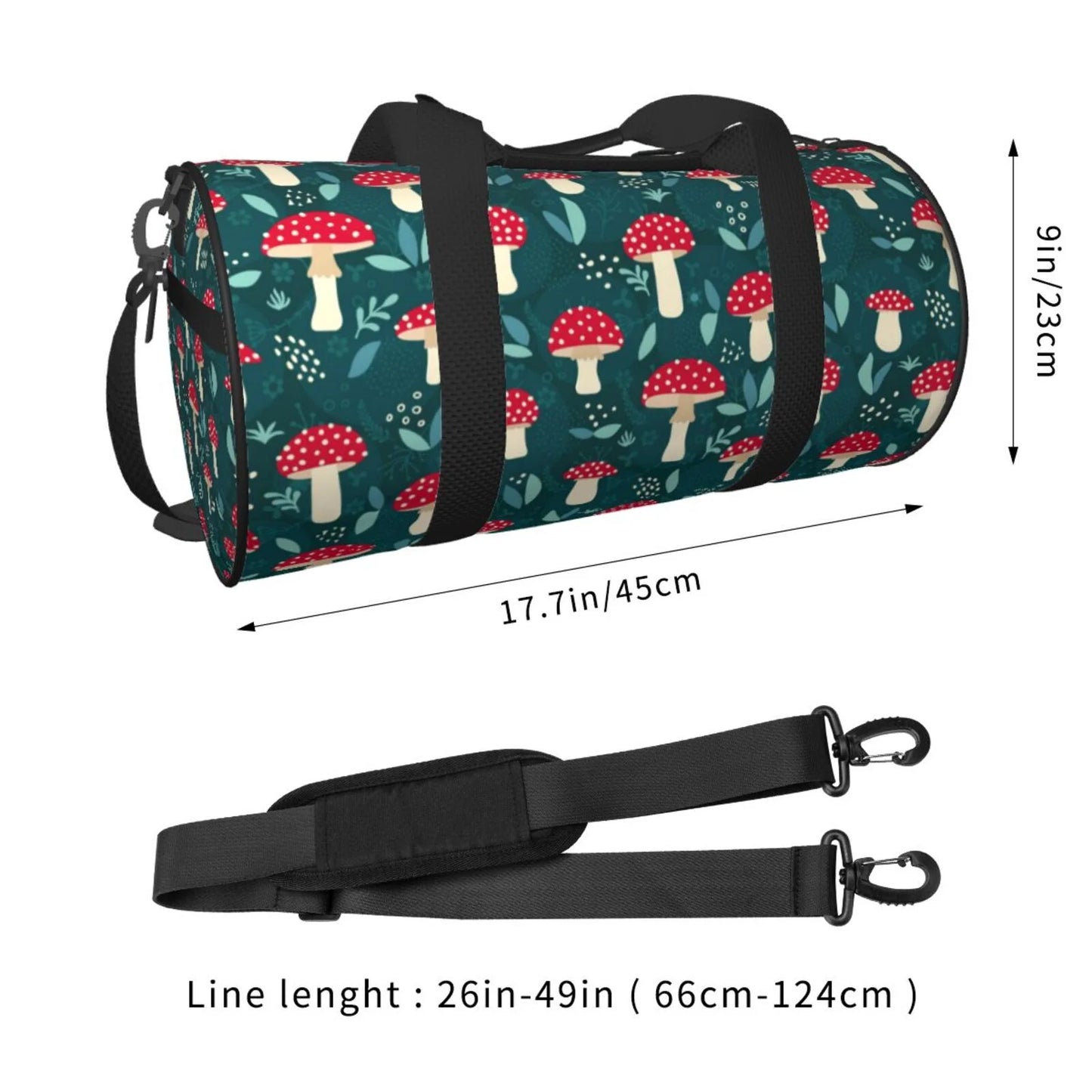 Coaee Amanita Mushroom Large Capacity Travel Luggage Bag Cylinder Gym Bag Waterproof Sizeports Bag with Pocket and Compartment