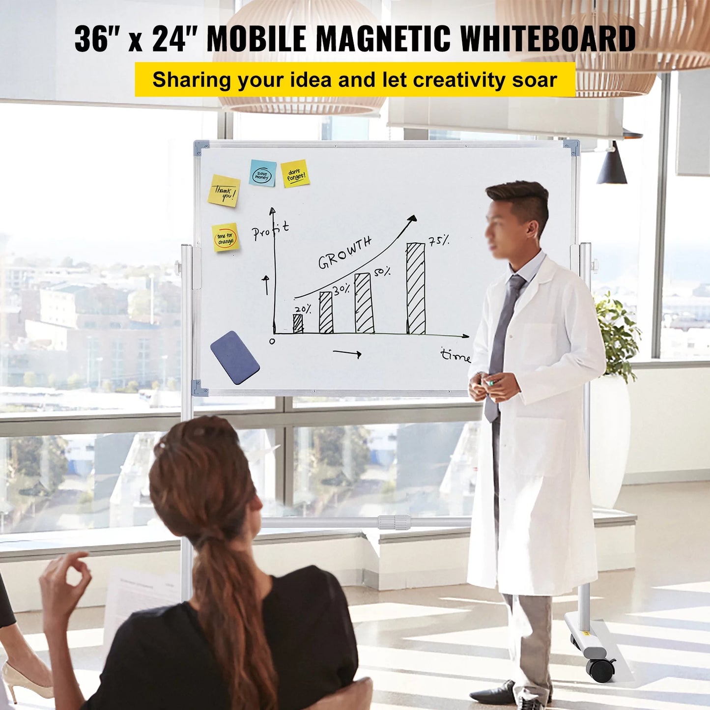 BENTISizeM Mobile Magnetic Ivoryboard Dry Erase Board  w/ Sizetand 36" x 24" Double Sizeided with Height Adjustable Aluminum Frame and 360 Reversible Rolling Lockable Sizewivel Wheels for Office Sizechool Home