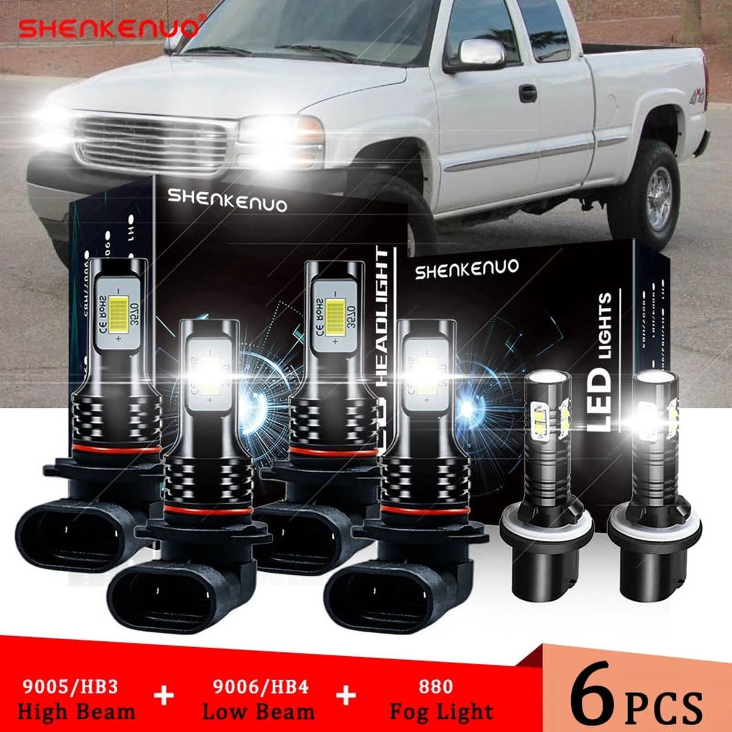 6pcs For 1999 2000 2001 2002 GMC Sizeierra 1500 2500 9005 9006 LED Headlight + 880 Fog Light Bulbs Sizeuper Bright white 6000K