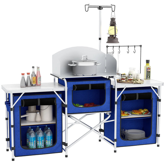 Outsunny Folding Camping Kitchen with Windshield Fabric Cupboards Blue