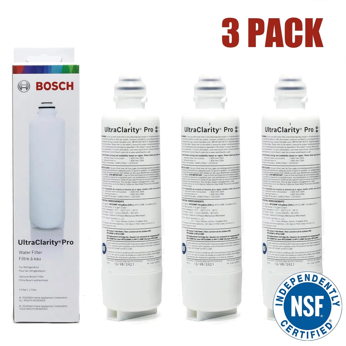 3 Pack Bosch UltraClarity Pro Water Filter, BORPLFTR55, RA450022, REPLFLTR55, 11032531 Replacement/Compatible