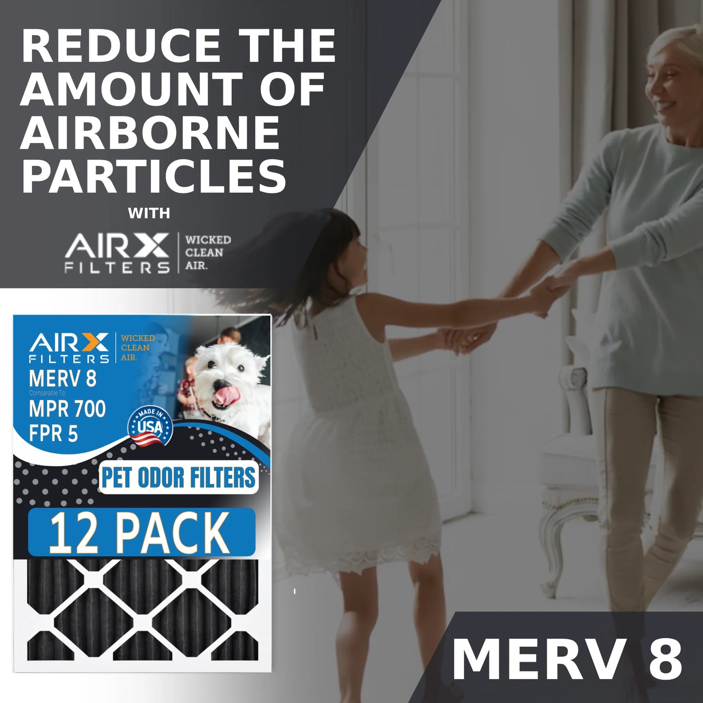 20x25x2 Air Filter MERV 8 Rating, 12 Pack of Furnace Filters Comparable to MPR 700, FPR 5, Pet Odor Retention Filters - Made in USizeA by AIRX FILTERSize WICKED CLEAN AIR.