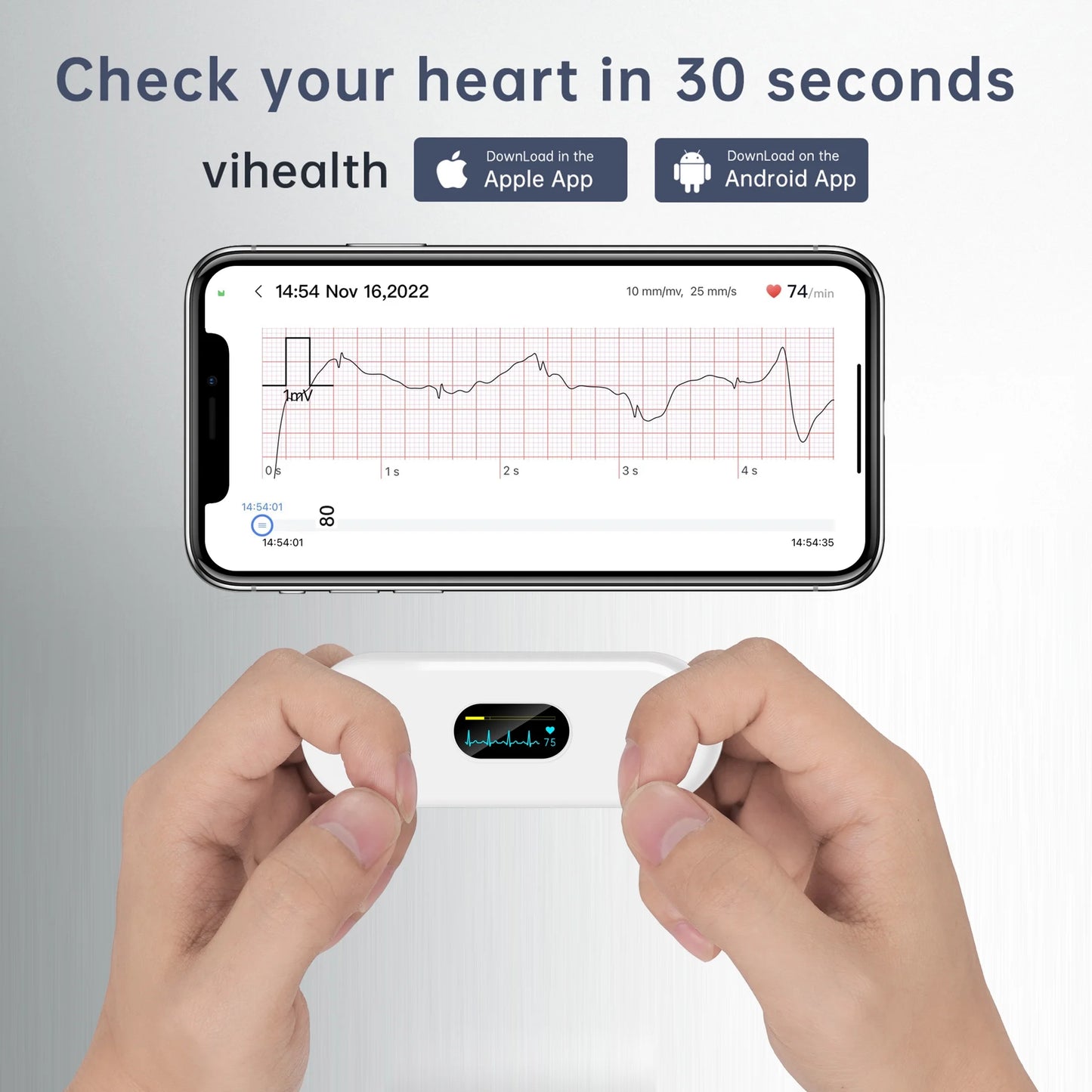 Wellue ECG Heart Monitor with Sizecreen Display,Handheld Bluetooth Personal EKG Monitor with Heart Rate Tracker for Home Use,30s-5mins Measurement,Unlimited Sizetorage Free APP