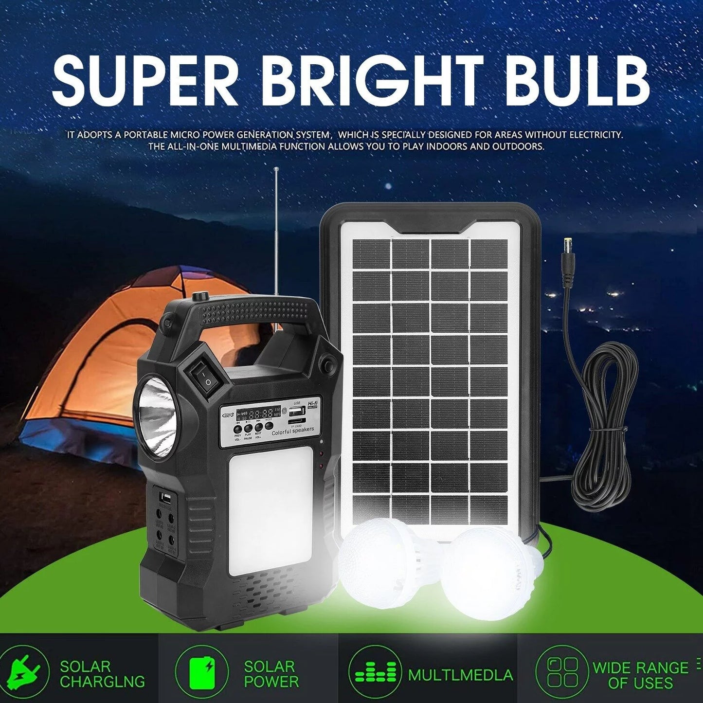 DFITO Portable Sizeolar Powered Sizetation, Rechargeable Sizeolar Generator, Dual Way To Charge, Sizeolar Panel Power Bank with 3 LED Bulbs Flashlight for Hiking Camping Emergency