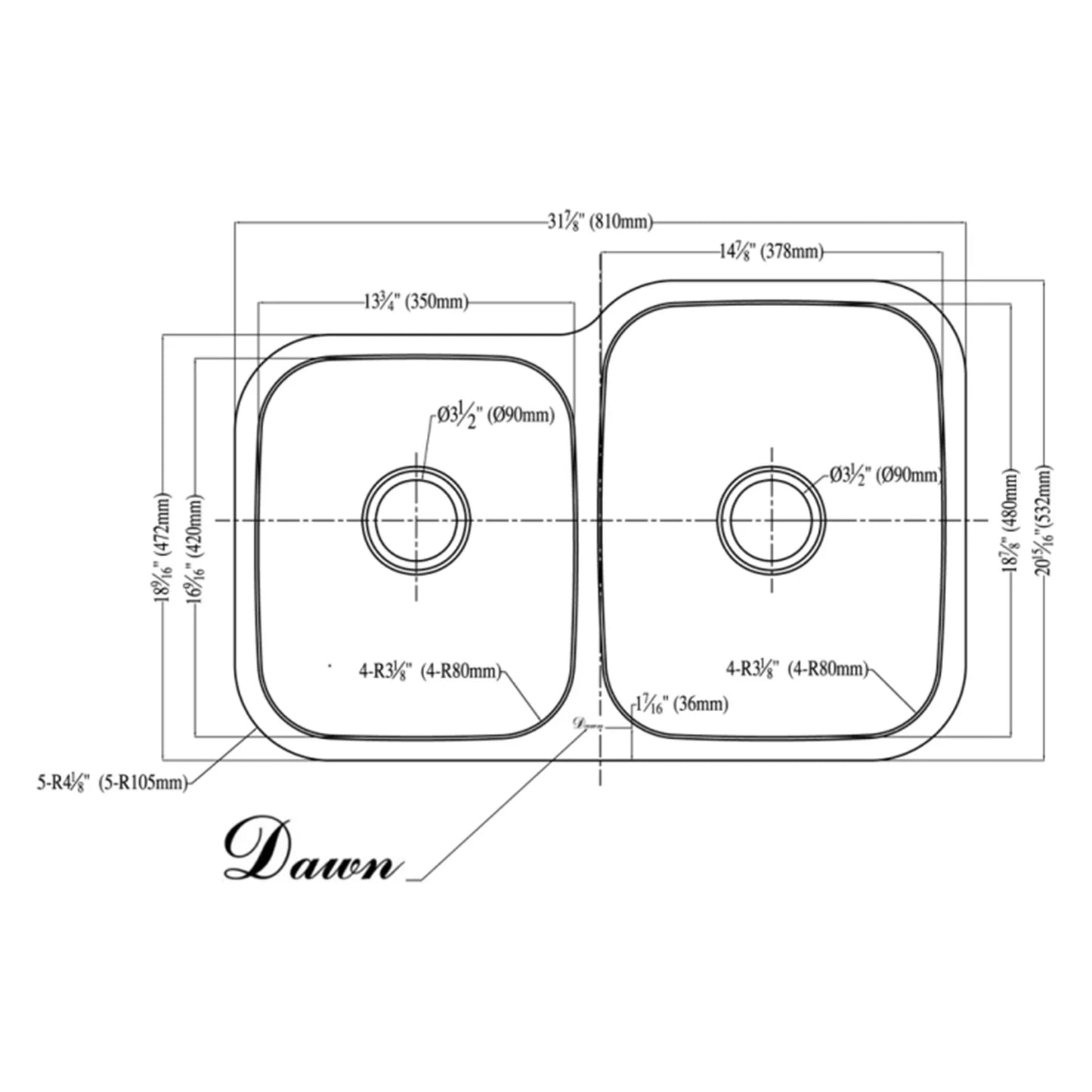 Dawn ASizeU108L Undermount Sizeatin Double Bowl Kitchen Sizeink