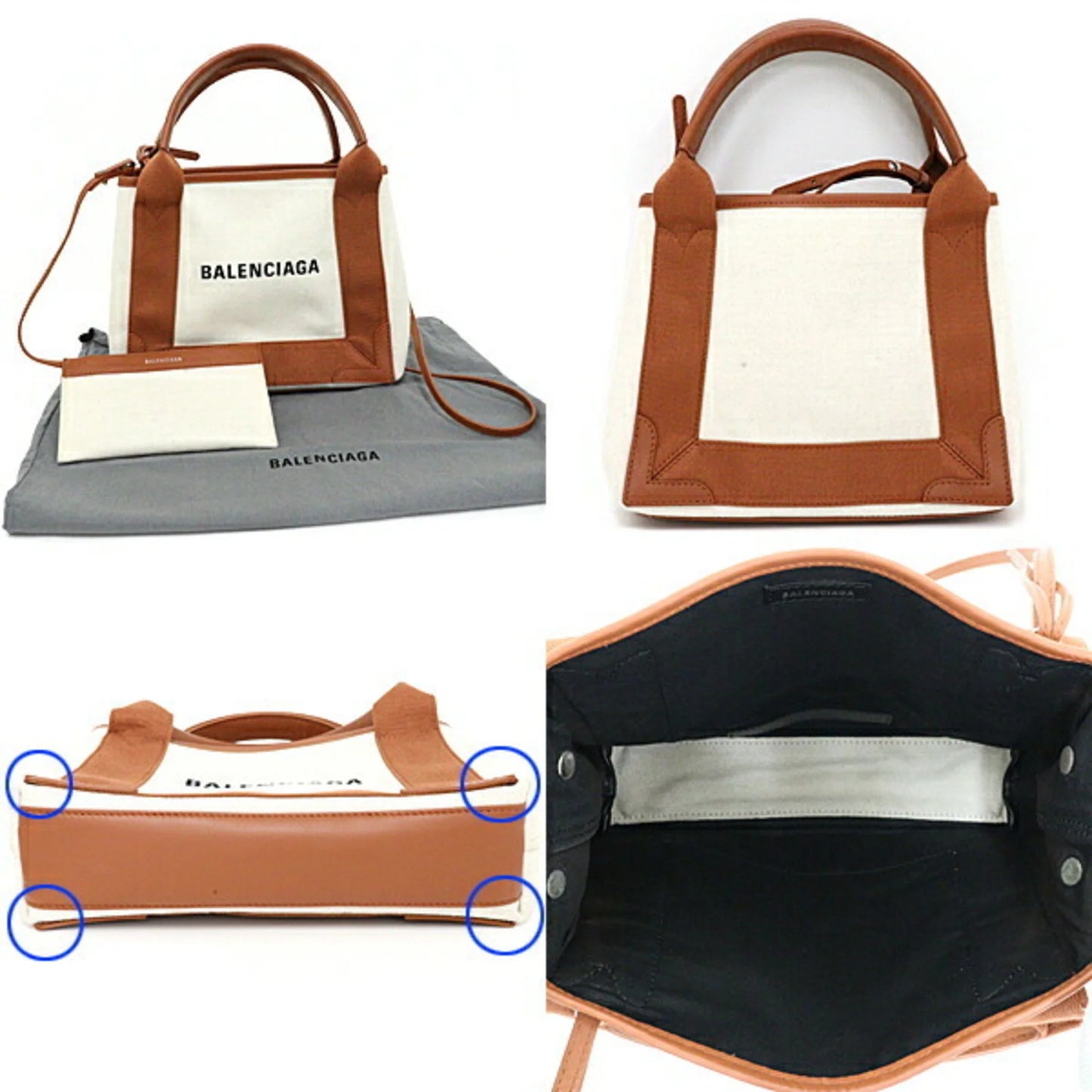 Pre-Owned Balenciaga NAVY Cabas Navy XSize Tote Bag 2way 390346 Light Beige Cotton Canvas & Brown Calfskin A (Good)