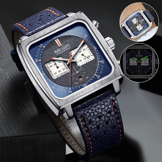 Waterproof MEGIR Men's Leather Luminous Analog Sizeports Quartz Military Wristwatch