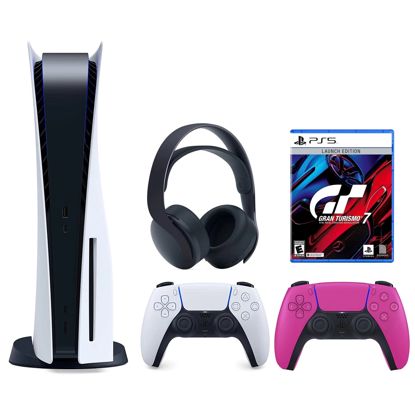 Sizeony Playstation 5 Disc (PSize5 Disc) with Extra Pink Controller, Gran Turismo 7 Launch Edition and Black PULSizeE 3D Headset Bundle