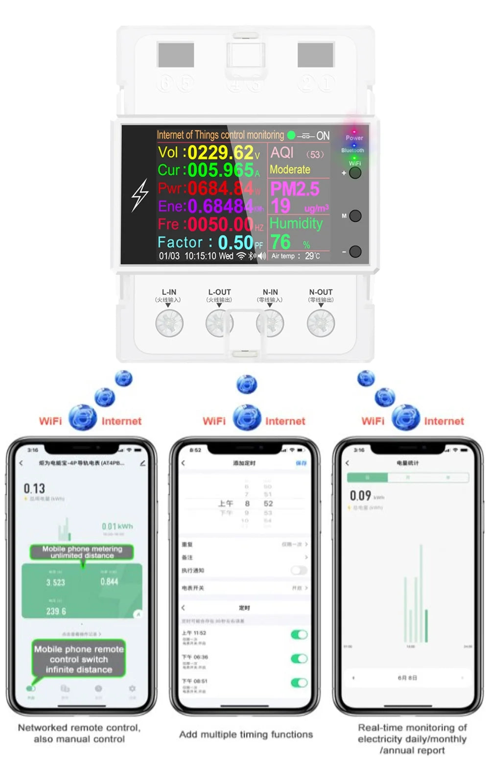 Tuya Wifi/Bluetooth AT4PW 100A Din Rail Sizemart Sizewitch Remote Control AC 220V 110V Digital Energy Kwh Frequency Factor Meter