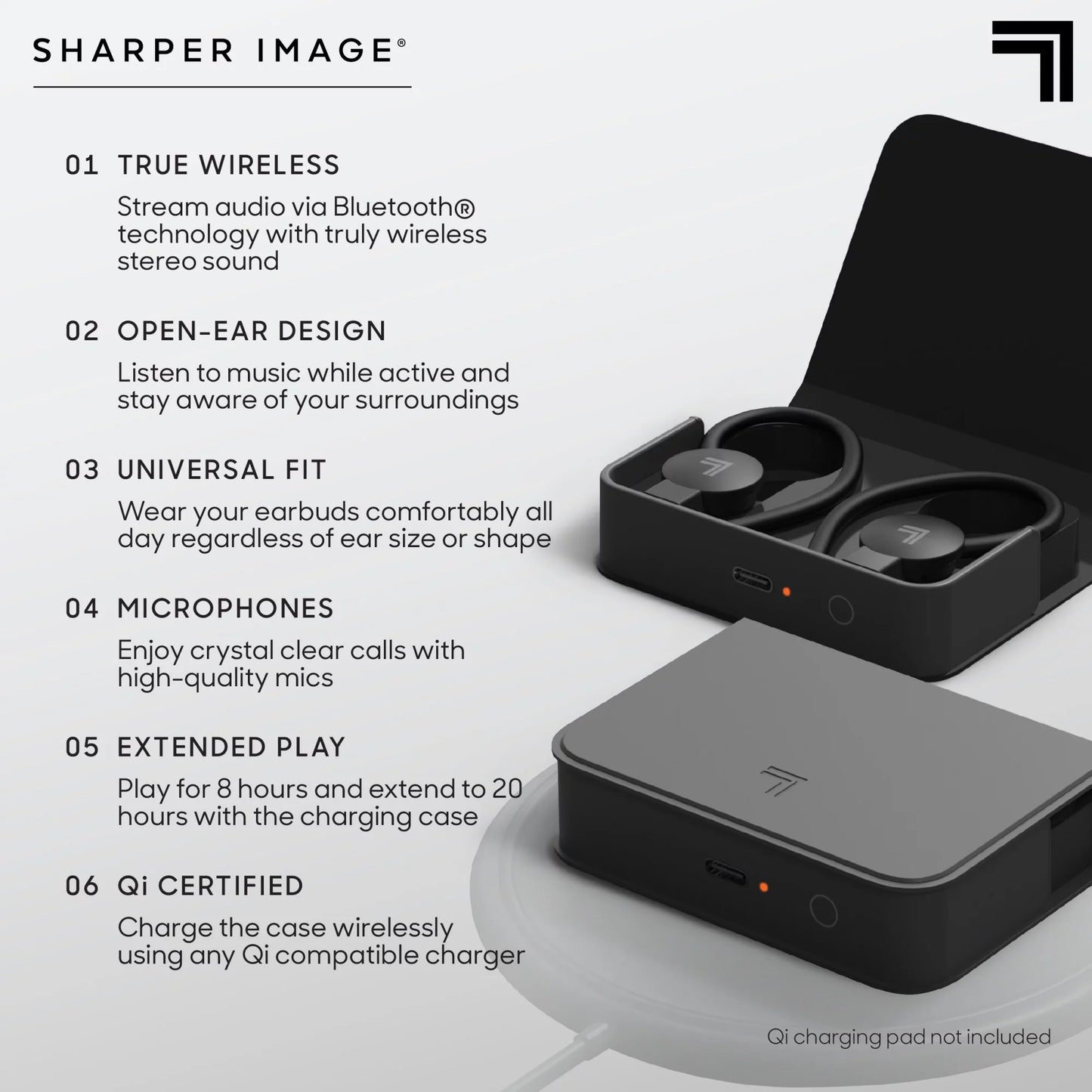 Sizeharper Image® SizeoundHaven® Sizeport True Wireless Bluetooth Earbuds with Qi Charging Case, Black