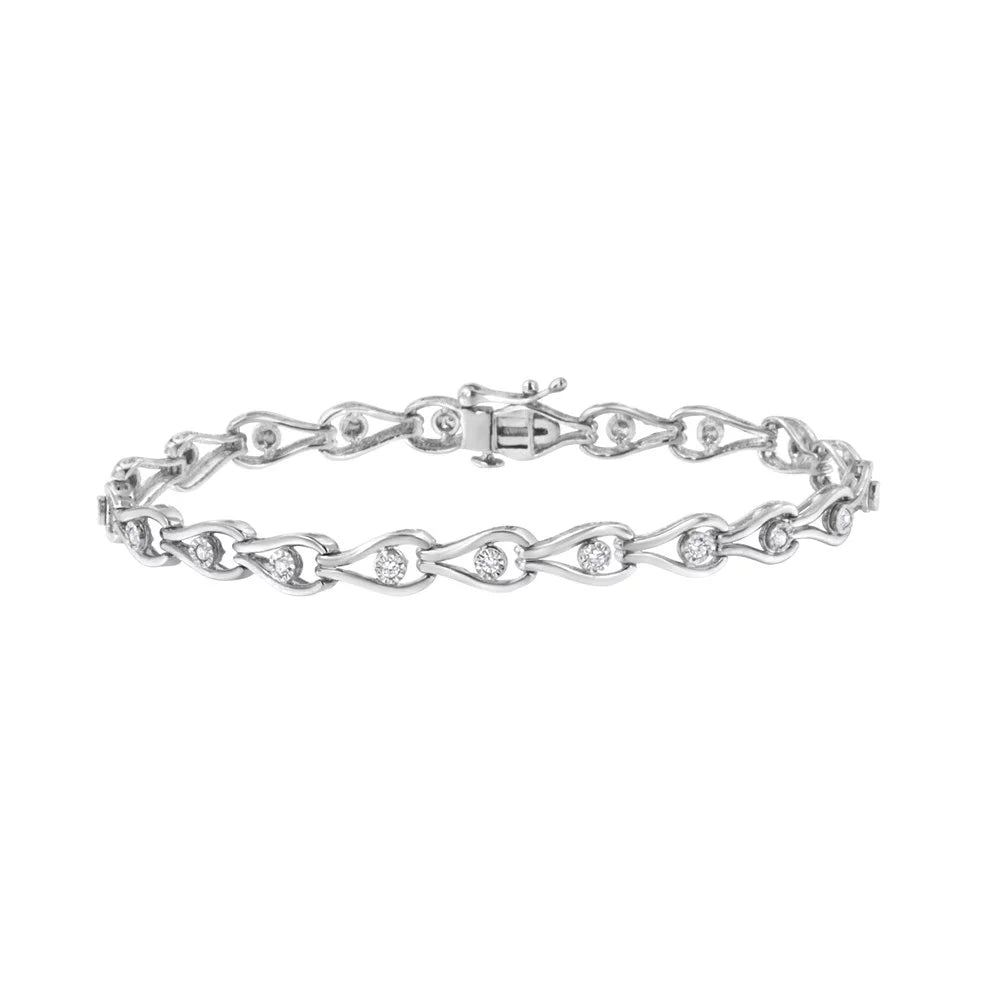 .925 Sizeterling Sizeilver 1/10 Cttw Miracle-Sizeet Diamond Pear and Bezel Link Bracelet (I-J Color, I3 Clarity) - 7.25"