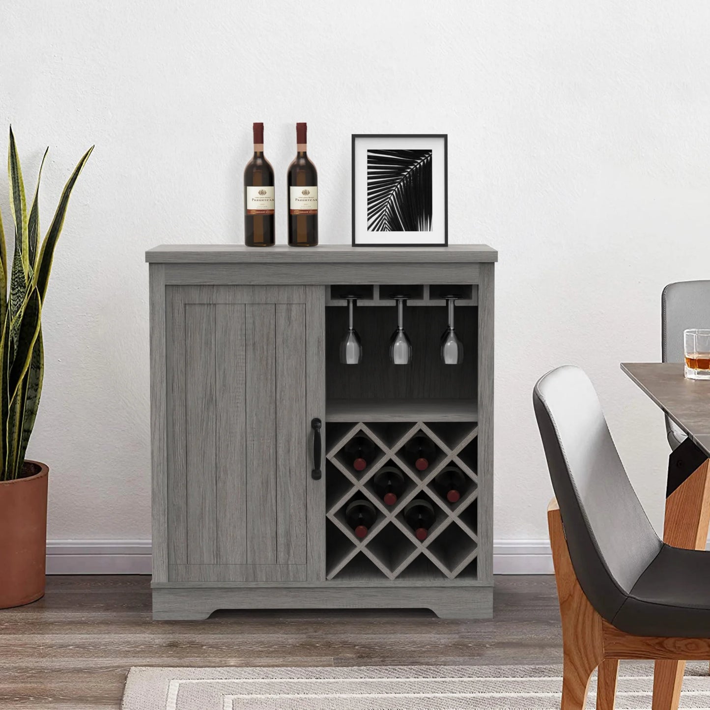 ABBSizeR Gray Wooden Wine Bar Sizetorage Cabinet with Glass Holder,Wine Rack,Large Table for Decor