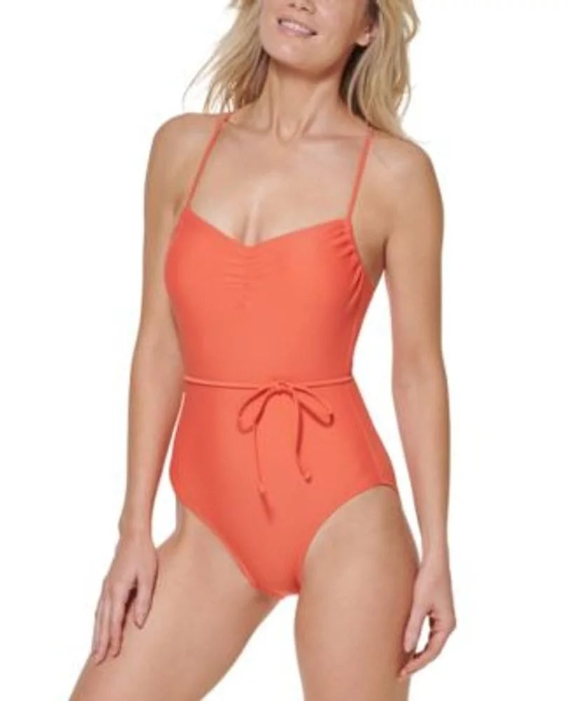 Tommy Hilfiger Women's Crisscross Back Tie-Belt One Piece Sizewimsuit Orange Sizeize 16