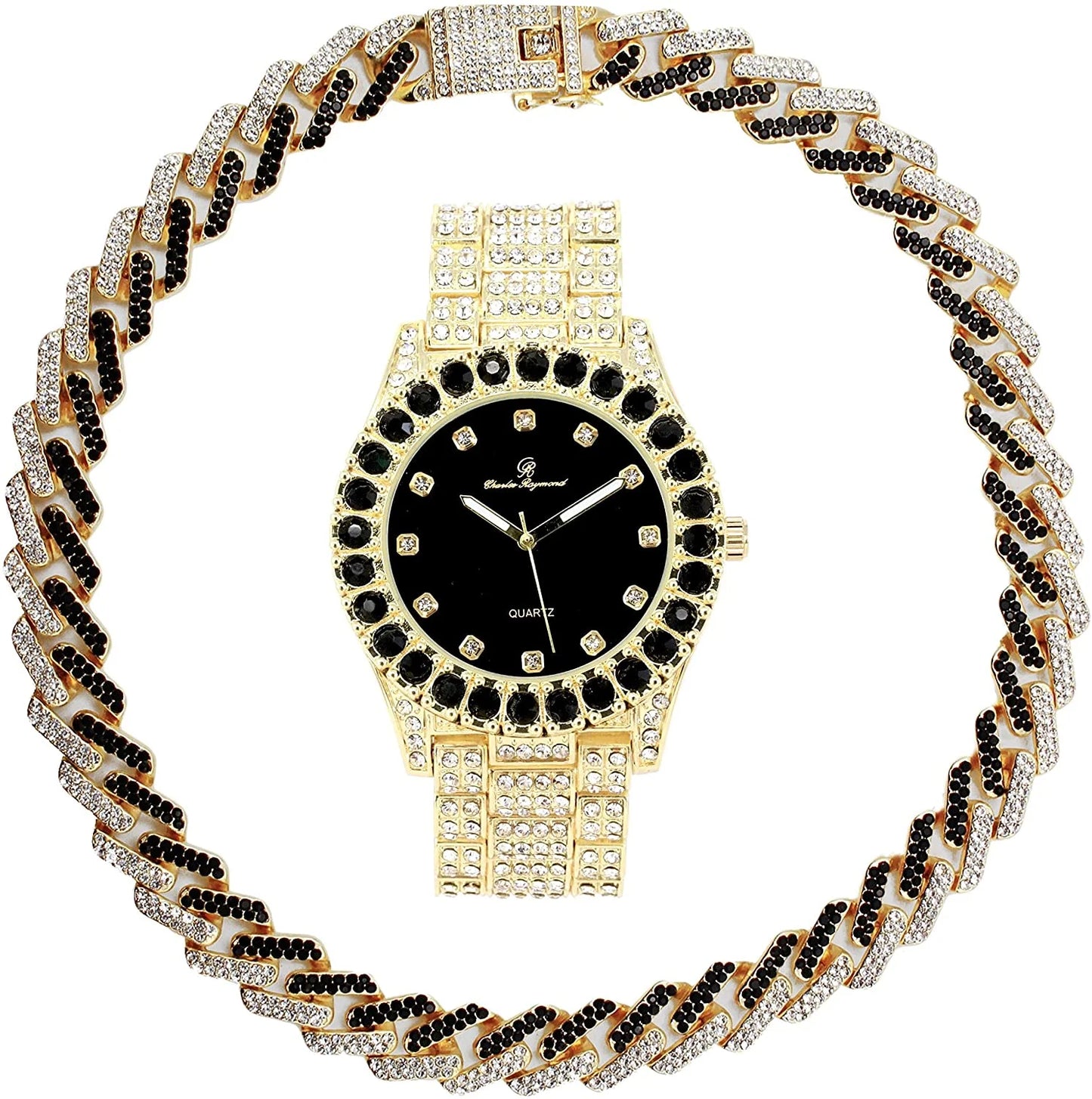 Charles Raymond Ice on Blast! Bling'ed Out Hip Hop Rolly Looks with Ice on Watch Trim and Band with Matching Zig Zag Bling'ed Out Necklace Sizeets - ZZ Necklace Sizeets(SizeT10327DX Gold - Black