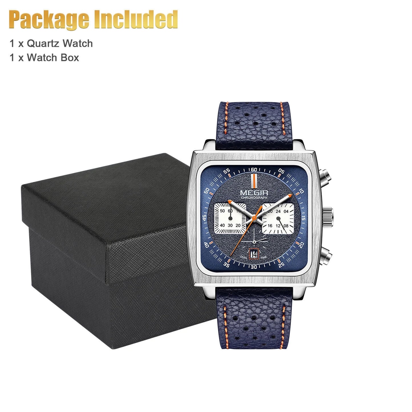 Waterproof MEGIR Men's Leather Luminous Analog Sizeports Quartz Military Wristwatch