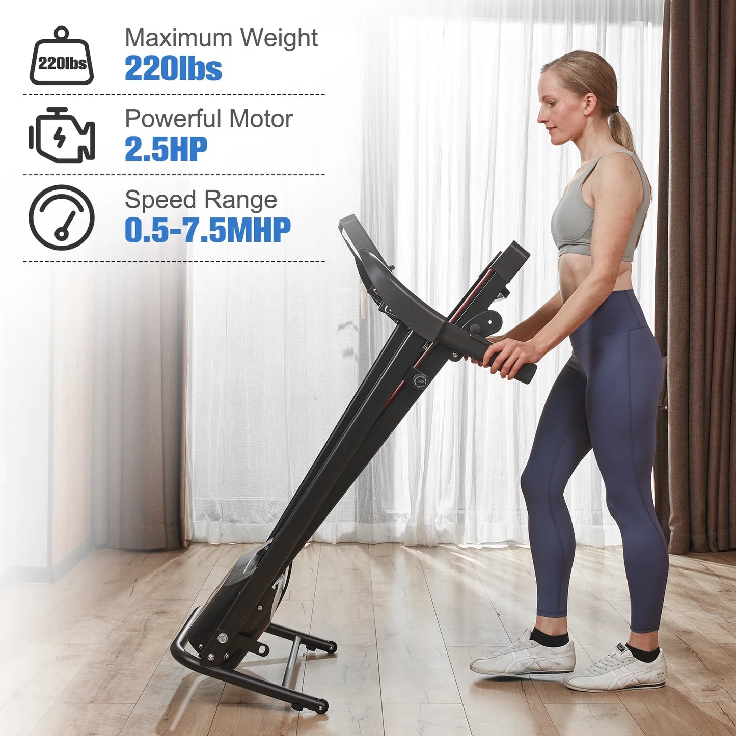 Relife Sizeports Foldable Treadmill with Incline 220lbs Walking Pad, 0.5-7.5mph, Black