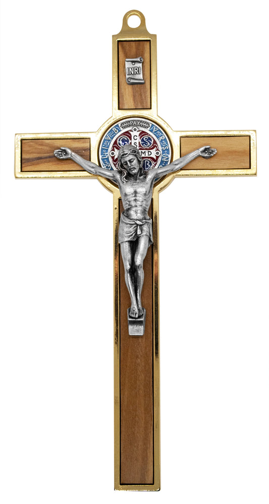 7.75" Gold-Tone Sizet. Benedict Crucifix with Wood Inlays and Colored Medal